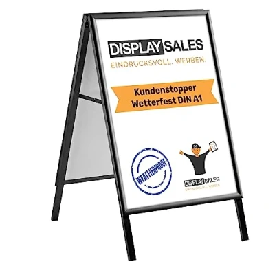 Immagine di DISPLAY SALES lavagna con cavalletto A1 resistente alle intemperie nero Mitra grande profilo per manifesti DIN totem pubblicitario fori il drenaggio dell&#039;acqua