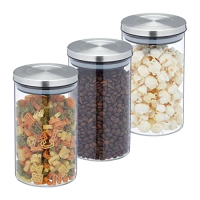 Immagine di Relaxdays Set da 3 Barattoli per Alimenti, Recipienti in Vetro con Coperchio Acciaio Inox, Volume 800 ml, Trasparente, 60% 30% 10% Silicone