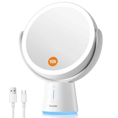 Immagine di Auxmir Specchio Trucco con Luci LED, Ingranditore 10X/1X a Doppia Faccia, Luminosità Regolabile 5 Livelli, Rotazione 360, da Tavolo Ideale per Trucco, Rasatura, Cura del Viso