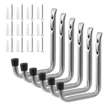 Immagine di Navaris Set 6 Ganci Parete Garage a Forma di J Gancio Bici Muro Porta Biciclette Sospesi Appendi Sci Soffitto Portabici da Appendere 23,5 x 15,5 3 cm Max 24 kg
