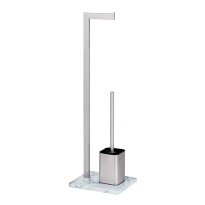 Immagine di WENKO Combinazione da bagno a pavimento Aprilia, supporto per carta igienica e scopino toilette, porta con effetto pietra, portarotolo in acciaio inox lucido 23 x 74 19 cm