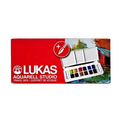 Immagine di Lukas Aquarell studio set da viaggio in plastica,con 12 mezzi godet assortiti, 1pennello,1 tavolozza ripiegabile,pittura acquerello