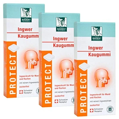 Immagine di BADER PROTECT della farmacia. le gomme da masticare allo zenzero. Con sostanze pungenti dei gingeroli. 3 x 20 quadratini di gomma