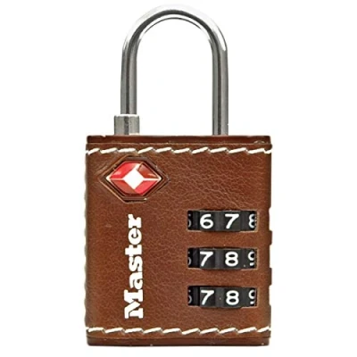 Immagine di Master Lock 4692EURDBRN Lucchetto per bagagli in alluminio approvato dalla TSA, Finta Pelle Marrone, 5.5 x 3 2.6 cm