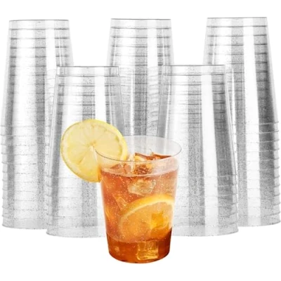 Immagine di Matana 60 Bicchieri di Plastica Rigida Trasparente con Glitter Argento (285ml / 10oz) Resistenti e Riutilizzabili Compleanni, Matrimoni, Natale, Feste Capodanno, Barbecue,