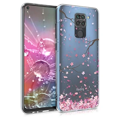 Immagine di kwmobile Custodia Compatibile con Xiaomi Redmi Note 9 Cover Silicone TPU Protezione Back Case Pioggia di petali rosa/marrone scuro/trasparente