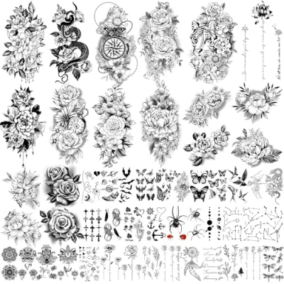 Immagine di Yazhiji tatuaggi finti impermeabili di grandi dimensioni da 49 fogli per la raccolta fiori temporanei donne e ragazze.