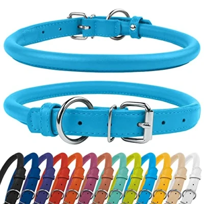 Immagine di CollarDirect collare per cani arrotolato in pelle, morbido rotondo imbottito cuccioli, fatto a mano vera pelle piccoli collari (14 16 pollici, blu testurizzato)