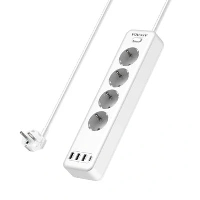 Immagine di POWSAF è una striscia di 4 prese con porte USB, potenza massima 4000W e 16A. Include presa USB C, bianco.