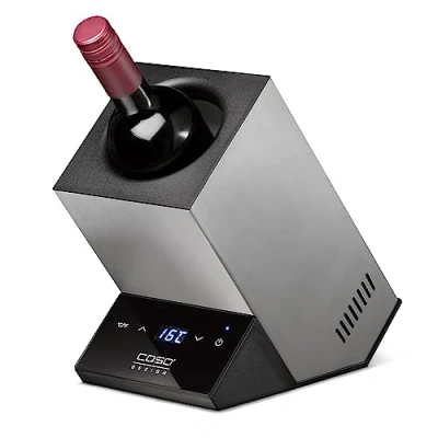 Immagine di CASO WineCase One Inox Raffreddatore di vino design per una bottiglia, intervallo temperatura da 5 a 18 C, bottiglie fino 9 cm diametro, funzionamento con sensore touch,