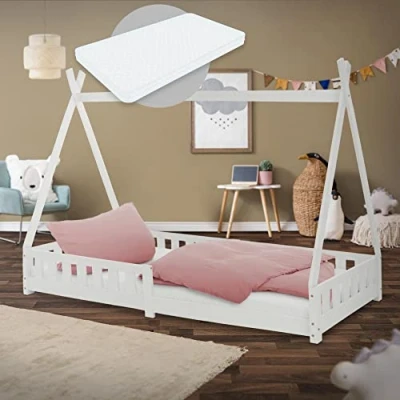 Immagine di ML Design Lettino per Bambini Tenda Indiana con Sponde Protezione Anticaduta Rete a Doghe 90 x 200 cm Letto da Gioco in Legno di Pino Massiccio Bianco Materasso Sfoderabile Schiuma Fredda