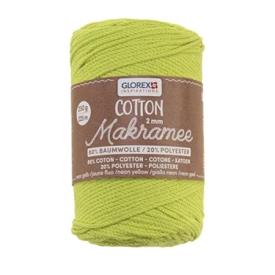Immagine di Glorex 5 1008 34 macramè 2 mm, 250 g, Giallo Neon, Lunghezza 225 m, Filato Tripla Torsione, 100% Cotone, per Uncinetto, Maglia, Legatura e modellatura