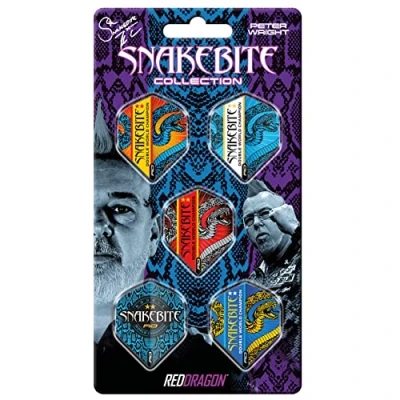 Immagine di RED DRAGON Peter Wright Snakebite DWC Hardcore Freccette Volo Collezioni 5 set per confezione (15 voli in totale)