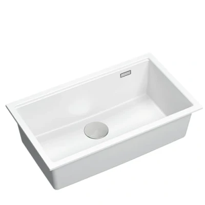Immagine di QUADRON Lavello a vasca singola in granito per cucina Dimensioni 70 x 37 23,5 cm Colore: bianco e acciaio LOGAN 110 da incasso Base mobile 80