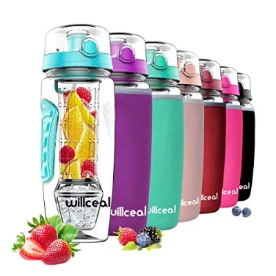 Immagine di willceal Flacone di Frutta infusore 32 Once Resistente con Palla Gel Ghiaccio Staccabile, Grande Tritan Senza BPA, Coperchio a Vibrazione, Design Prova perdite Sport, Campeggio (Teal)
