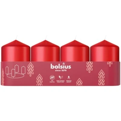 Immagine di Bolsius Set di 4 Candele A colonna lisce rosse 60 x 40 mm decorative lunga durata Non profumate Con cera vegetale naturale Senza olio palma