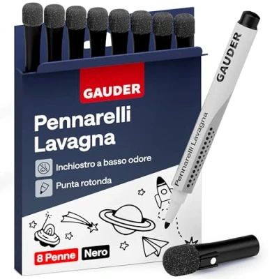 Immagine di GAUDER Set di Pennarelli per Lavagna Bianca (8 pezzi nero) cancellabili a secco senza residui con spugna, ideali lavagne bianche e magnetiche.