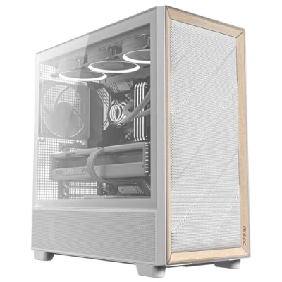Immagine di Antec Flux Wood White, 5 ventole PWM incluse, pannello frontale ad alto flusso d&#039;aria con legno di betulla, Type C, radiatore da 420 mm e supporto per scheda madre connessione posteriore, fino a 9