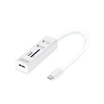 Immagine di Digitus DA 70243 3 Porte Hub USB 2.0 Con spina C, Contenitore in alluminio, funzione OTG, lettore di schede SD incorporato, metallo