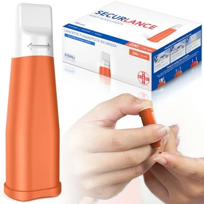 Immagine di AIESI® Lancette pungidito per glicemia monouso sterili con sistema di sicurezza e punta in acciaio inox retrattile ago 23G SECURLANCE (Confezione da 100 pezzi)