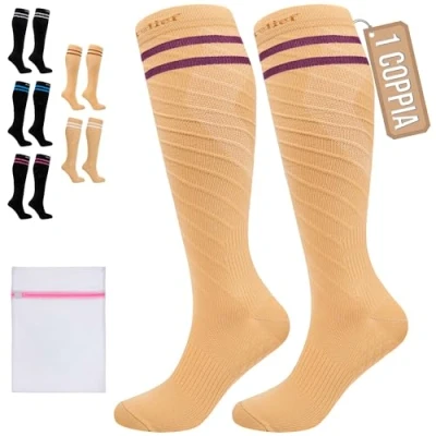 Immagine di 360 Relief Calze Compressione Graduata Classe 1 Donna e Uomo 15 20 mmHg Gambaletti per Aereo, Circolazione, Infermiera, Running, Sports Calzini S/M Beige