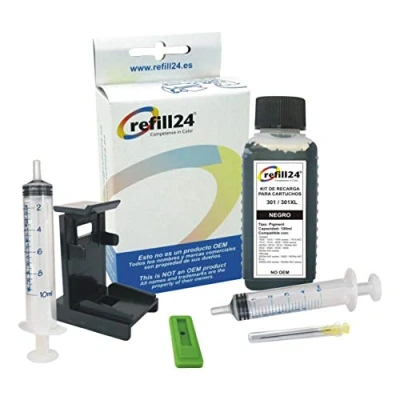 Immagine di refill24 Kit di ricarica compatibile per cartucce d&#039;inchiostro HP 301, 301 XL nero, include clip e accessori + 100 ml inchiostro