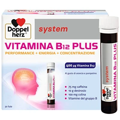 Immagine di Doppelherz system VITAMINA B12 PLUS Integratore Alimentare con Destrosio, Vitamine del Gruppo B, Caffeina e Colina, Sapore Arancia Pompelmo Senza Glutine Lattosio 30 Fiale