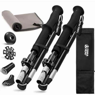 Immagine di Terra Peak Bastoni da trekking telescopici in alluminio, pieghevoli, allungabili e ultra leggeri, bastoncini nordic walking regolabili, uomo donna con cuscinetto gomma