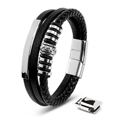 Immagine di SERASAR Bracciale da uomo in pelle di alta qualità, con chiusura magnetica acciaio inox, nero, argento e oro, scatola per gioielli, ottima idea regalo, 17cm, Pelle, No Gemstone