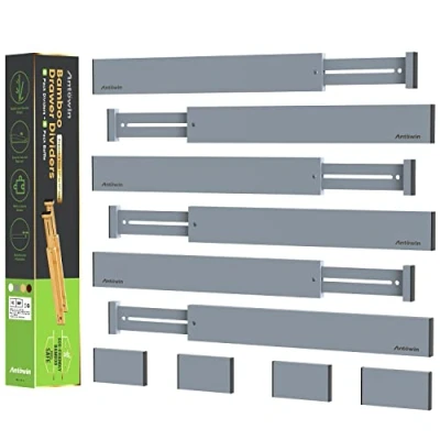 Immagine di ANTOWIN 10 separatori per cassetti regolabili in bambù, organizer, a molla, cucina, cassettiera, bagno, camera da letto, cassetto, scrivania