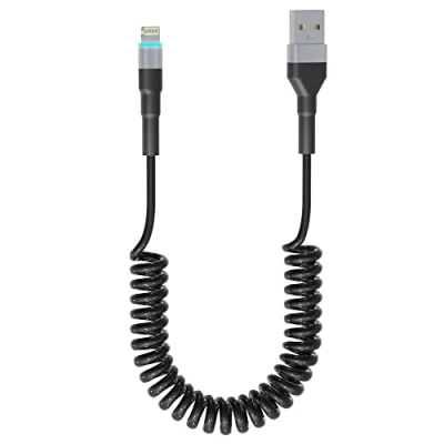 Immagine di Cavo i Phone Spirale USB a Lightning Compatibile con Apple Carplay [Certificato MFi], Sincronizzazione Dati e LED, Caricabatterie Retrattile per Phone/iPad/AirPods