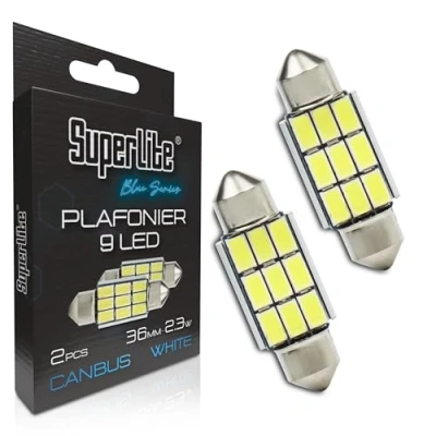 Immagine di Superlite Set di 2 lampadine da soffitto a 9 Led, 36 mm 2,3W della gamma Blue Series. Tecnologia CanBus luce bianca. Ideale per auto e camion.