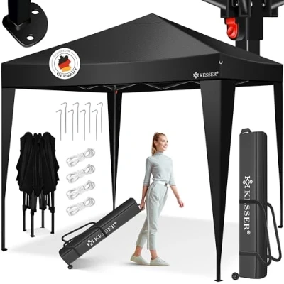 Immagine di KESSER® gazebo 3 x m, impermeabile, con custodia, sistema a scatto pop up, protezione UV 50+, pieghevole, tenda da giardino, festa, rinforzo in metallo (nero/nero)