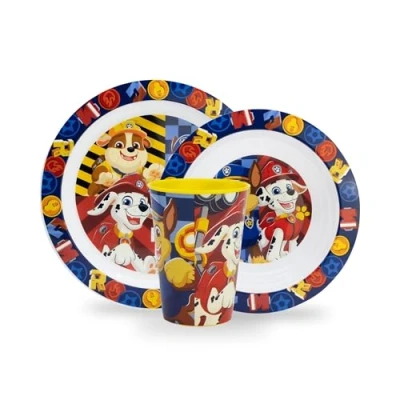 Immagine di Sorrisini Set Stoviglie Bambini Piatti per asilo, scoula Pappa Bimbo piatto, ciotola, bicchiere Svezzamento Prima in plastica dura riutilizzabile Paw Patrol Marshal