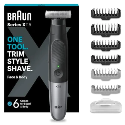 Immagine di Braun REGOLABARBA UOMO E RASOIO ELETTRICO BARBA Capelli Series X, Testina Flessibile Con lama 4D A Due Direzioni Protezione SkinShield, 45 Minuti Di Utilizzo Senza Fili, XT5200