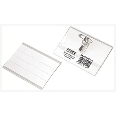 Immagine di Office Products Targhetta per nome, in plastica, 50 pezzi, 90 x 57 mm, porta badge, incolore, con supporto combinato: spilla e carte d&#039;identità, biglietti da visita