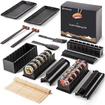 Immagine di Virklyee sushi Maker set 17 PCS DIY Making Tools Principianti Facile 8 Stampi, Forchetta e Spatola,Bacchette, piatti, Un adatto agli amanti del (Nero)