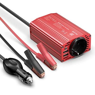 Immagine di BESTEK 300W Inverter da Auto 12V a 220V con 2 Porte USB 2,4 A, Trasformatore Invertitore di Potenza per Camper Viaggio[Onda Sinusoidale Modificata, Adattatore Accendisigari, Clip Batteria]