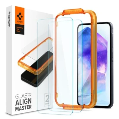 Immagine di Spigen AlignMaster Vetro Temperato compatibile con Samsung Galaxy A55 5G, 2 Pezzi, Installazione Semplice Cornice di Allineamento, Cristallino, Durezza 9H Pellicola prottetiva