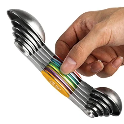 Immagine di Set di cucchiai dosatori magnetici in acciaio inox, impilabili, a doppio lato, per misurare ingredienti secchi e liquidi