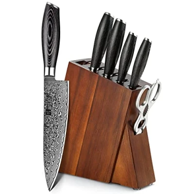 Immagine di XINZUO Acciaio Damasco 7 Pezzi Set Coltelli con Ceppi portacoltelli,Professionale ad Alto Tenore di Carbonio Coltello da Chef Santoku Affettare Universali Frutta,Forbici Cucina