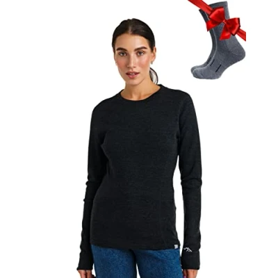 Immagine di Maglia Termica Donna di Lana Merinos Merino Maglietta Maniche Lunghe Pesante Calda Magliette Intimo Base Layer + Le Calze in (X Small, 320 Charcoal Grey)