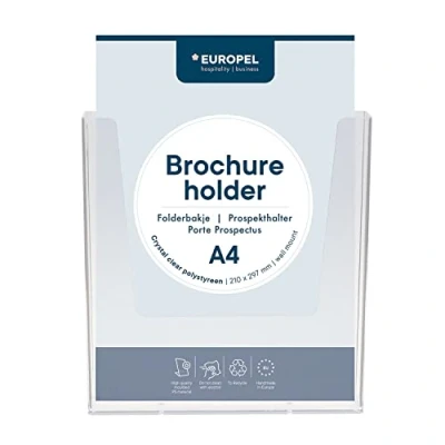 Immagine di Europel Supporto da parete per brochure formato A4 e dispenser letteratura in acrilico trasparente Espositore opuscoli, volantini menu ufficio, ristoranti