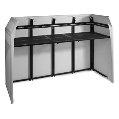 Immagine di Vonyx DB5 Pro DJ Booth Stand Tavolo da DJ, Pieghevole, in Alluminio, con Copertura Bianca e Nera, Materiale di Copertura: Lycra, Borsa inclusa, Carico Massimo: 80 kg