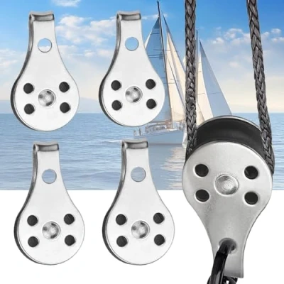 Immagine di 4 Pezzi Puleggia in Acciaio Inox, Singolo Carrucola, Rullo di Carico Argento, Carrucole con Cuscinetti per Grandi Kayak, Canoe, Fabbriche, Edifici, Ecc