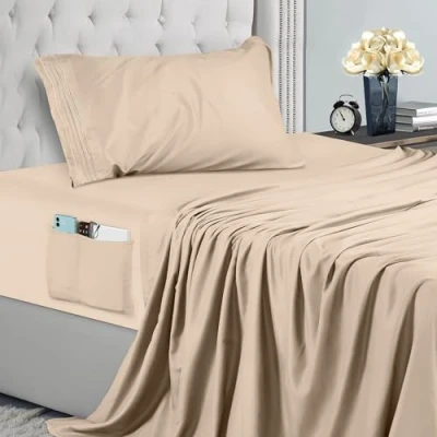 Immagine di Utopia Bedding Set Lenzuola Ricamate 4 Pezzi 90x190 Microfibra Di Poliestere Lenzuolo Con Angoli Tasche Portaoggetti, Piatto e 1 Federa (Singolo, Beige)