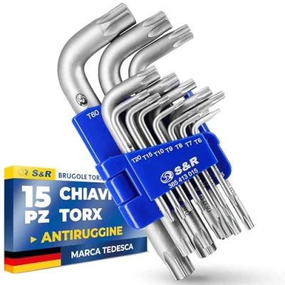 Immagine di S&amp;R chiavi Torx a Brugola Set Allen 15 pz. Chiavini Esagonali extra resistenti TX6 TX60 in pratico supporto pieghevole