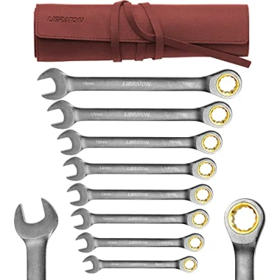 Immagine di LIBRATON set di 8 pezzi chiavi Combinate e cricchetto, metric 19mm Cr V costruito con placcatura in nichel, custodia organizer pel