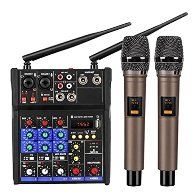 Immagine di Console mixer audio a 4 canali con microfono wireless miscelazione Bluetooth USB Mini Dj Mixer+Karaoke