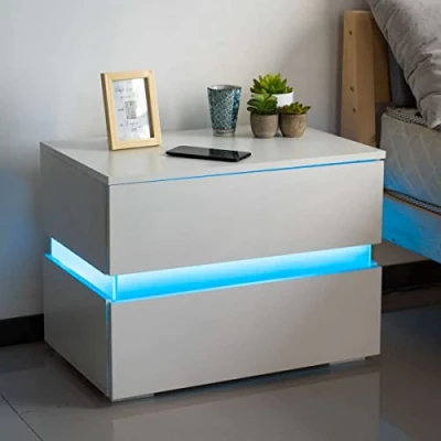 Immagine di BAKAJI Comodino Camera da Letto Mobiletto Cassettiera 2 Cassetti con Luce a LED Cambio Colore Design Moderno in legno MDF Lucido Mobile Arredo Casa Dimensione 60X45X39 cm